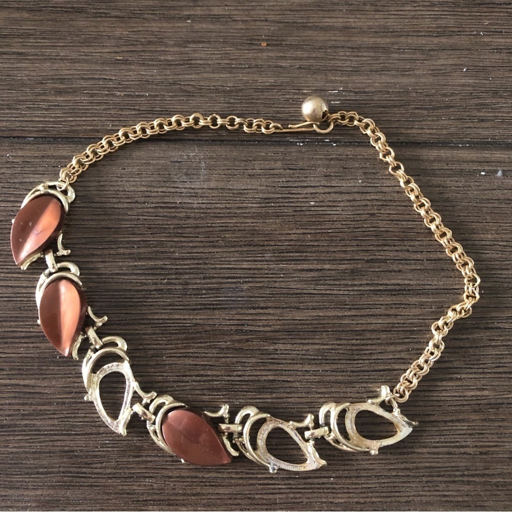 Vintage brown & gold stone linked necklace (tiny flaw)